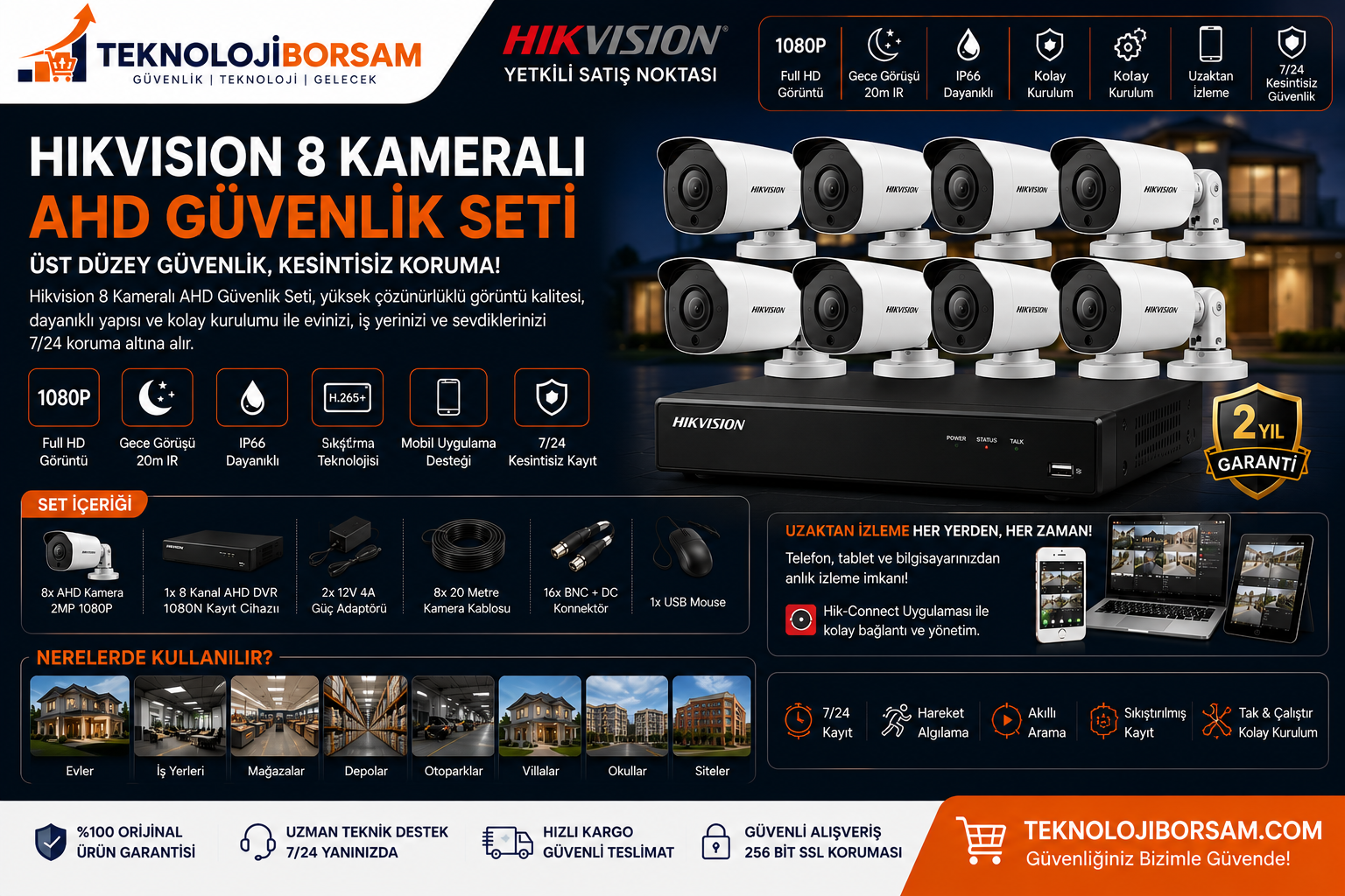 Hikvision 8'li AHD Kamera Seti | Full HD Gece Renkli Güvenlik Kamera Sistemi